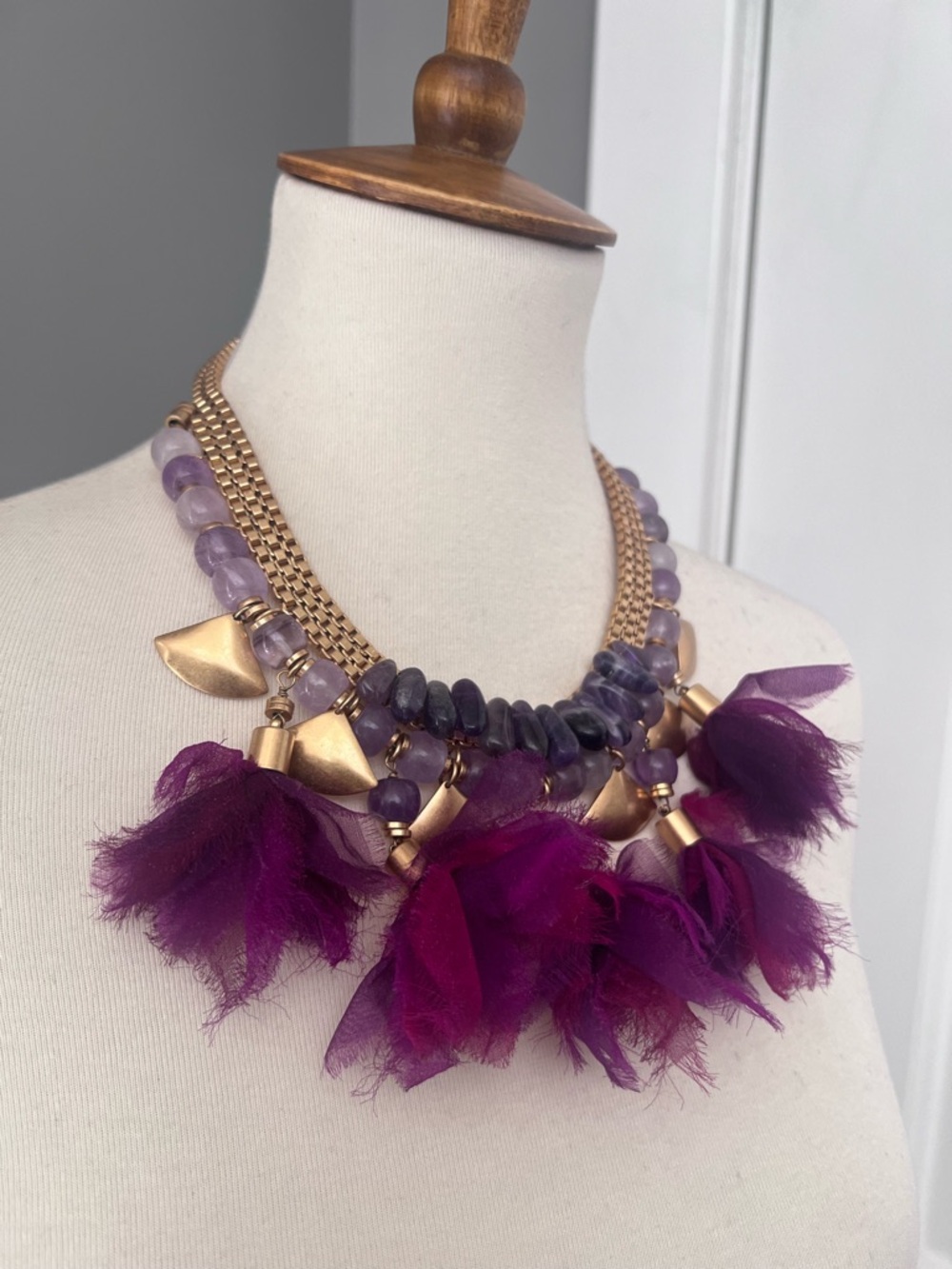 Vintage UK design stella & dot Frou Frou necklace w/ purple tassels and amethyst
